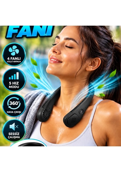 4 Fanlı Giyilebilir Boyun Fanı 5 Hız Modlu, 360 Hava Çıkışlı Ve Sessiz