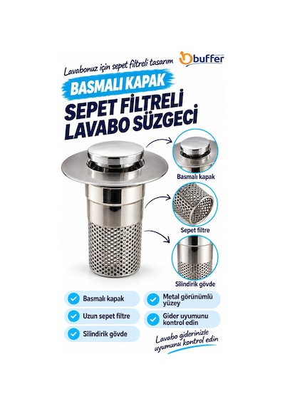 Buffer Sepet Filtreli Basmalı Lavabo Gider Süzgeci, Uzun Silindirik Filtreli Lavabo Tıpası, Saç Ve Kalıntı Toplayıcı Gid