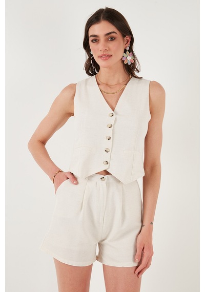 Lela Pamuk Ve Keten Karışımlı Slim Fit Yelek Şort Bayan Takım 5866118 Bej