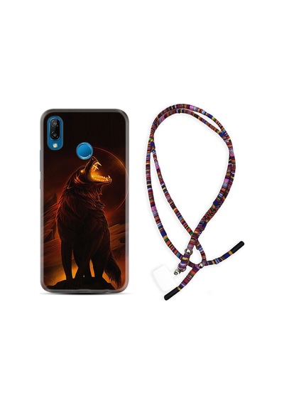 Huawei P20 Lite Kılıf Rasta Boyun Askılı Fire Wolf 1602