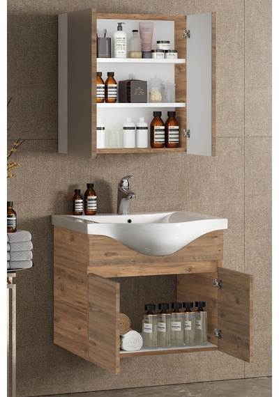 Yıldız 65 Cm Atlantik Çam Mdf Seramik Lavabolu Asma Banyo Dolabı Takımı