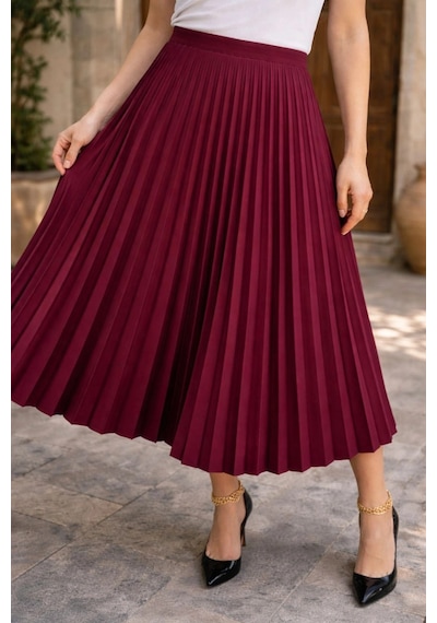 Wear Vexel Kadın 90 Cm Saten Kumaş Pliseli Midi Etek Şık Ve Zarif Tasarım - Bordo Çok Renkli