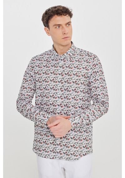 AC&Co / Altınyıldız Classics Erkek Bej Yesıl %100 Pamuk Slim Fit Dar Kesim Düğmeli Yaka Baskılı Gömlek Çok Renkli
