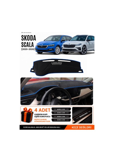 Skoda Scala 2020-2026 Uyumlu Torpido Koruma, Torpido Örtüsü, Torpido Kılıfı - Siyah Mavi