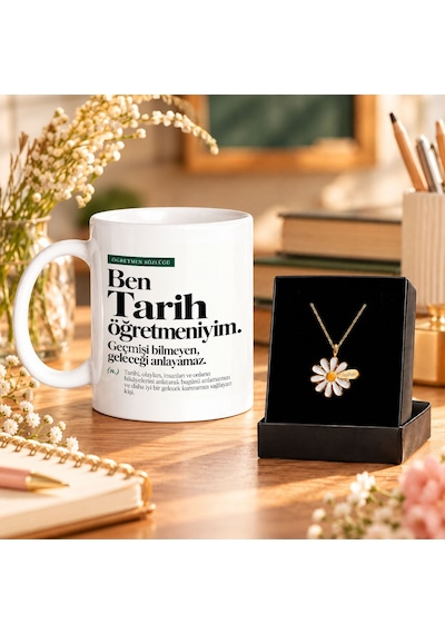 Bk Gift Ben Tarih Öğretmeniyim Tasarımlı Kupa Ve Kişiye Özel İsimli Papatya Kolye Seti Sarı