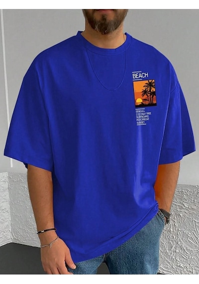 Beach Logo T-shirt - Lacivert Baskılı Oversize Bisiklet Yaka Kısa Kol Lacivert