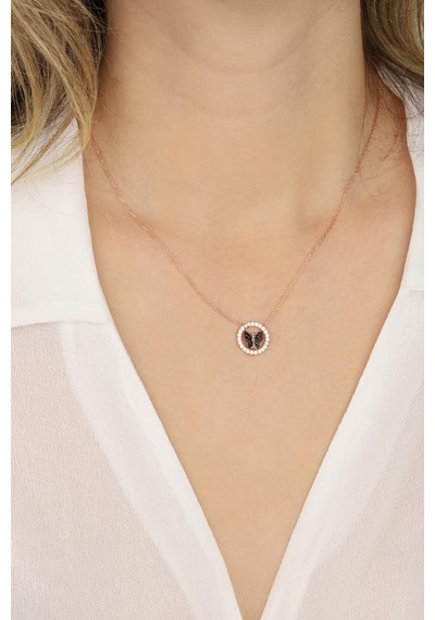 Siyah Kelebekli Halka Gümüş Kolye Rose Gold