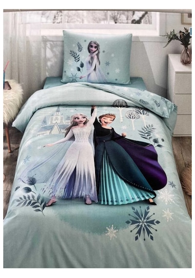 Özdilek %100 Pamuk Lisanslı Lastikli Çarşaflı Tek Kişilik Çocuk Nevresim Takımı Frozen Leaves Mint Mint