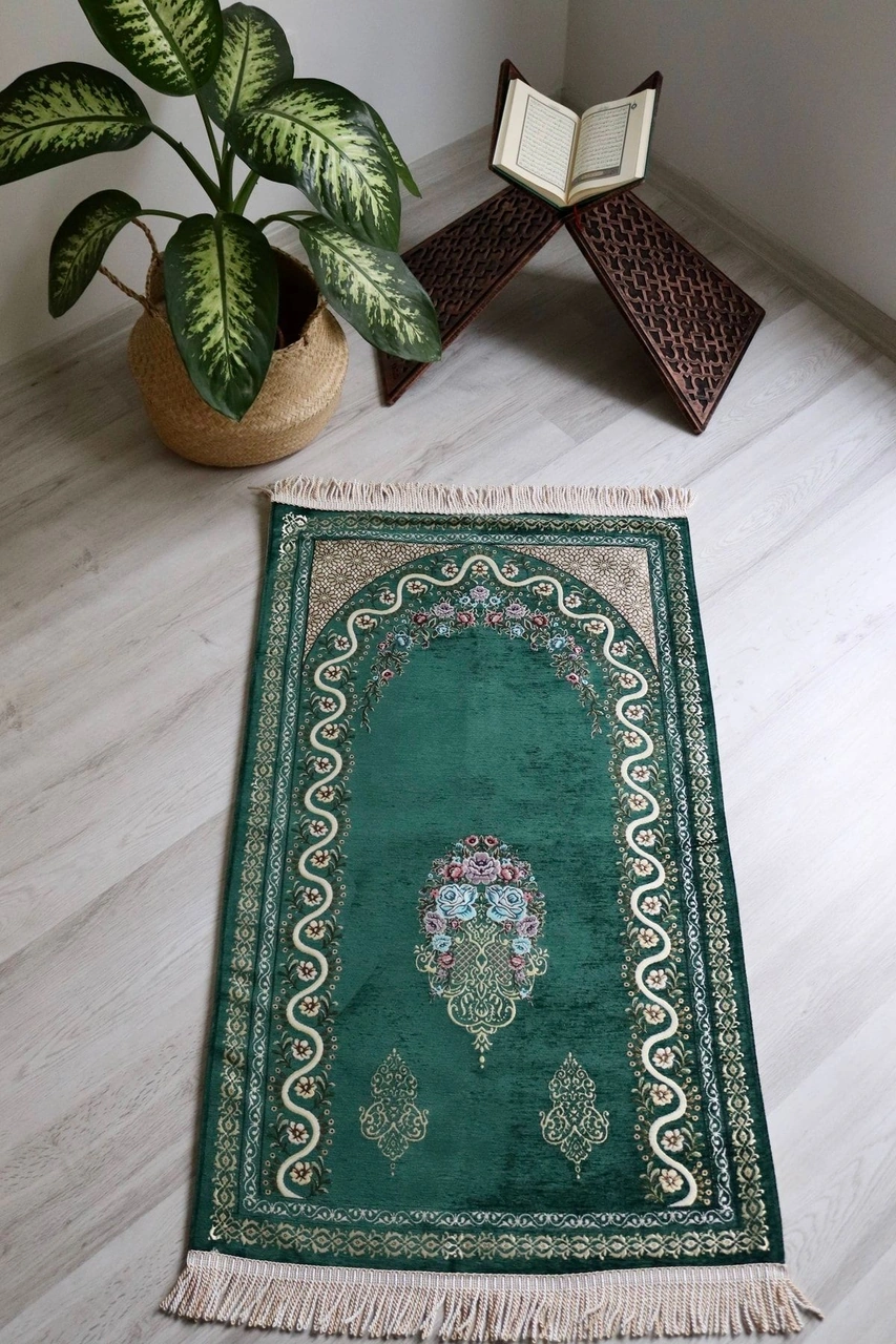 Çeyizlik Astarlı Lüks Seccade Hediyelik S1019 Siyah Yeşil