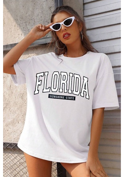 Uyguntarz Unisex Florida Baskılı Tasarım Tshirt Beyaz