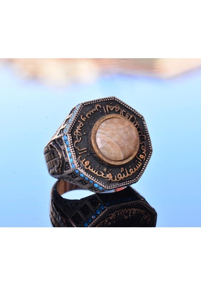 Gerçek Doğal Taş Yüzük - 925 Ayar Gümüş Erkek İslami Özel Yüzük Al-aksa Camii Tasarımı Sarı Safir Gümüş