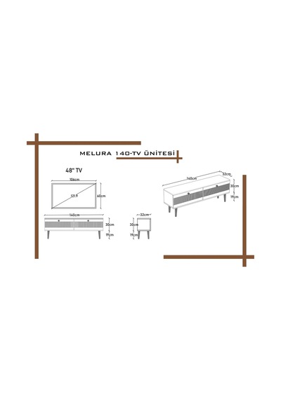 Melura Tv Ünitesi - Tv Sehpası 140 Cm %100 Mdf Lake Ahşap Ayaklı Beyaz