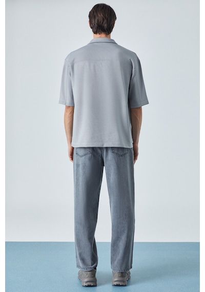Grimelange Jucka Erkek Kısa Kollu Çıtçıt Kapamalı Oversize Fit Polo Yaka Gri T-shirt Gri