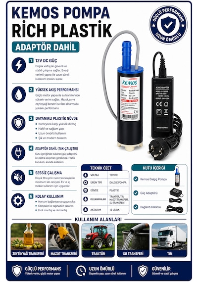 220-12 Volt Rich Plastik Dalgıç Adaptörlü Mazot Aktarma Sıvı Transfer Pompası