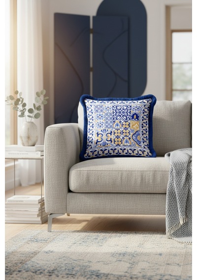 Lüks Vintage Motifli Saçaklı Yastık Kılıfı - Akdeniz Stili Mavi Altın Renkli Püsküllü Kırlent Kılıfı Mat Dumanlı Mercan Lüks Vintage Motifli Saçaklı Yastık Kılıfı - Akdeniz Stili Mavi Altın Renkli Püsküllü Kırlent Kılıfı Mat Dumanlı Mercan