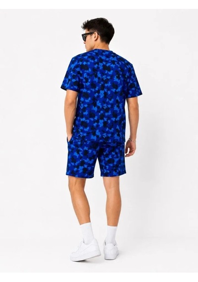 Efnaz Style Erkek Oversize Kalıp Pubg Bape X Shark Nakışlı Cepli Şort Takım - Mavi