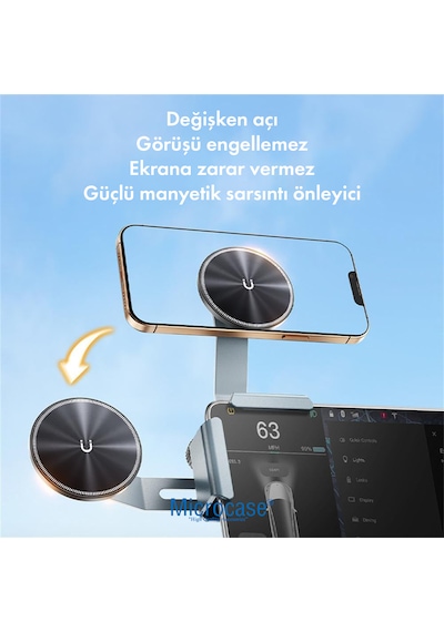 Microcase Araç İçi Multimedya Ekran Yanı Magsafe Uyumlu Güçlü Manyetik Telefon Tutucu, Teleskobik Ayarlanabilir-al5828 Gümüş