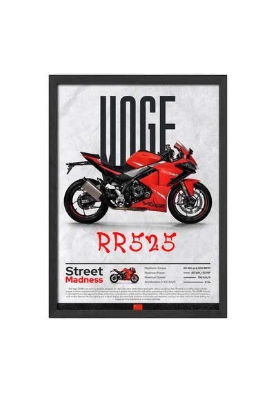 Voge Rr525 Siyah Ahşap Çerçeveli Poster, Dekoratif Motosiklet Duvar Tablosu