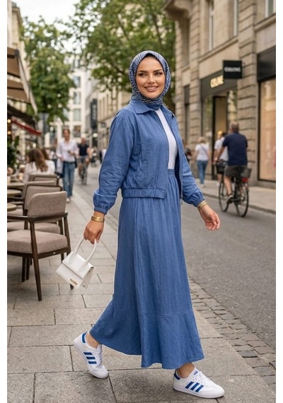 Hb Harma Time Butik Kadın Fermuarlı Çilek Kumaş Mavi Ceket Etek İkili Takım SIYAH