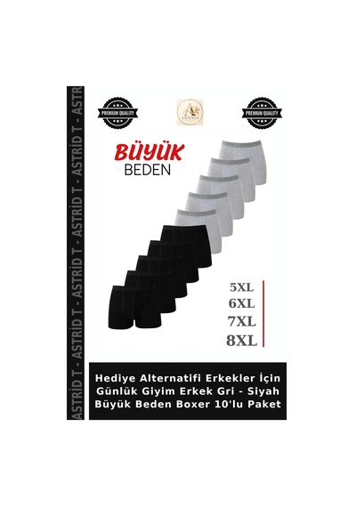 Astrid T Hediye Alternatifi Erkekler İçin Günlük Giyim Erkek Gri - Siyah Büyük Beden Boxer 10'lu Paket Çok Renkli