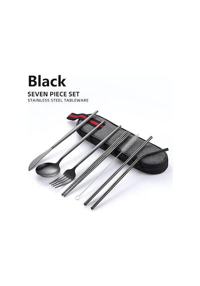Valkyrie 8 Parça Çantalı Yolculuk Çatal Bıçak Kaşık Pipet Chopstick Seti Kamp Okul Ofis Tatil Paslanmaz Çelik Siyah Siyah