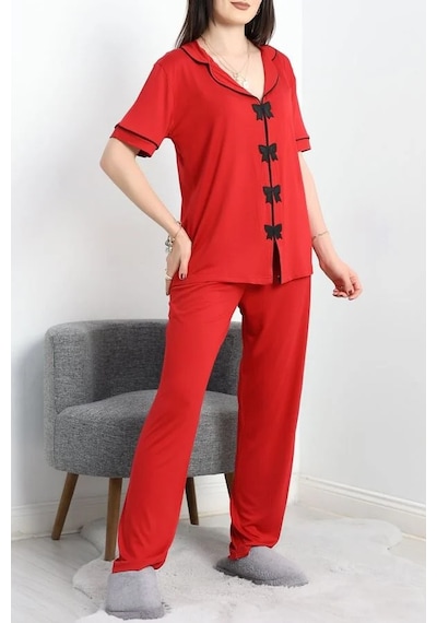 Seka Store Seka Fiyonk Nakışlı Biyeli Viskon Pijama Takımı Kırmızı - 40565.1857. Çok Renkli Seka Store Seka Fiyonk Nakışlı Biyeli Viskon Pijama Takımı Kırmızı - 40565.1857. Çok Renkli