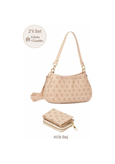 Newish Polo Kadın Omuz Çantası Ve Cüzdan Seti 2 Li Monogram Desenli, Fermuarlı Cüzdanlı - New395 Bej