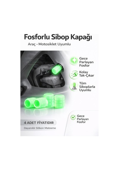 Fosforlu Araç Motosiklet Lastik Sibop Kapağı Gece Parlayan Silikon 4 Adet Universal Sibop Kapağı