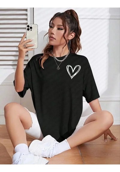 De'charme Bisiklet Yaka Baskılı Oversize T-shirt - Siyah