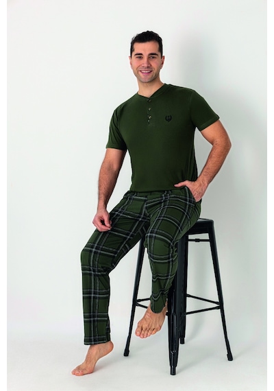 Estiva Erkek Kareli Alt Desenli Haki Kısa Kollu Patlı Penye Pijama Takımı Çok renkli