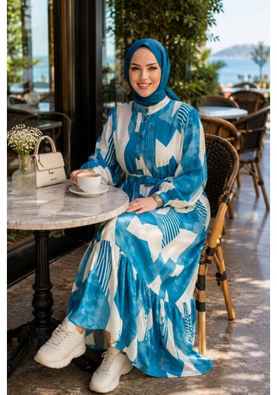 Hb Harma Time Butik Kadın Kuşaklı Viskon Kumaş Tesettür Mavi Elbise Mavi Mavi