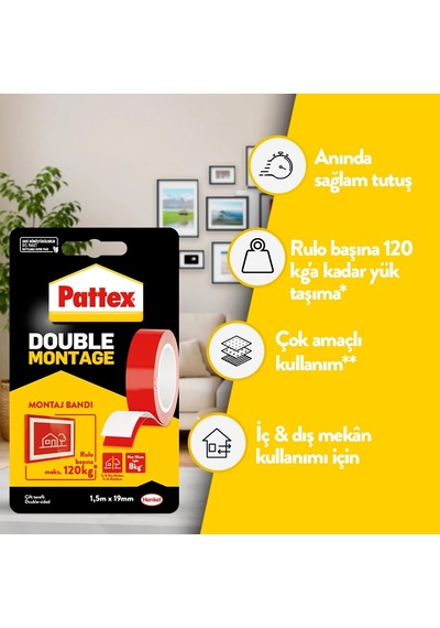 Pattex Double Montage Çift Taraflı Montaj Bandı, İç Ve Dış Mekanlar İçin Uygun Ekstra Güçlü Ve Diğer