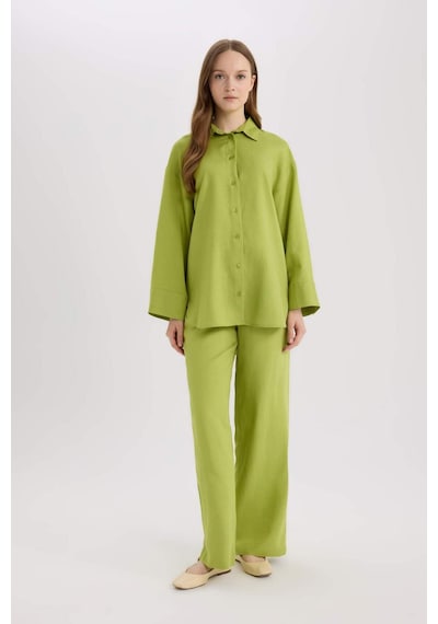 Defacto Relax Fit Keten Karışımlı Uzun Kollu Gömlek Tunik D8183ax25spgn698 Yeşil