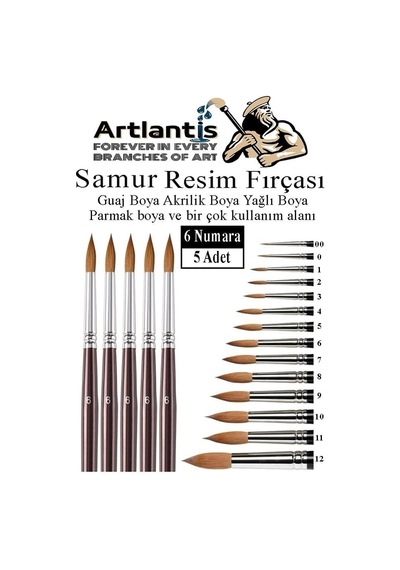 Tr Resim Fırçası 6 Numara 5 Li 1 Paket Samur Yuvarlak Uçlu Fırça Seti Guaj Sulu Akrilik Yağlı Boya Fırçaları