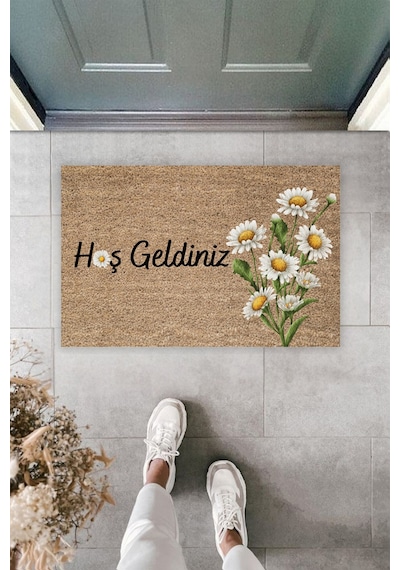 Rugmood Dekoratif Modern Dijital Baskı Papatya Çicek Desen Kapı Önü Paspasları Çok Renkli