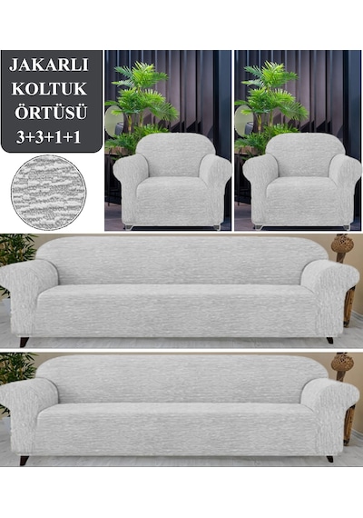 Upmall Jakarlı Koltuk Kanepe Kılıfı Çekyat Örtüsü 3+3+1+1  Krem