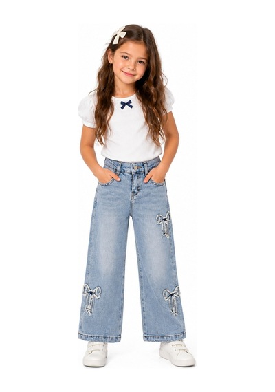 İrem Kız Çocuk Kurdele Detaylı Geniş Paça Model Bel Lastik Ayarlamalı Mavi Renk Kot Pantolon İrem Kız Çocuk Kurdele Detaylı Geniş Paça Model Bel Lastik Ayarlamalı Mavi Renk Kot Pantolon