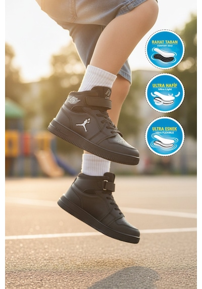 Cool Siyah Cırtlı Basket Tarzı Bilek Boy Sneaker Erkek Çocuk Spor Ayakkabı Haykat Uzun Air