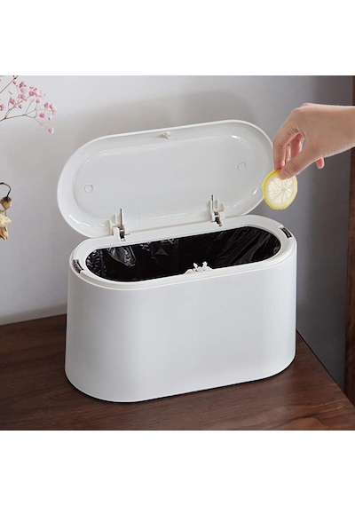 Kapaklı Mini Çöp Kutusu, Çıkarılabilir İç Plastik İle Pres Tipi Küçük Çöp Kovası Küçük Çöp Sepeti Kompakt Kapaklı Kapatılabilir Çöp Kutusu, Masa Tezgah Üstü Ofis Çocuk Oval Dikdörtgen Beyaz