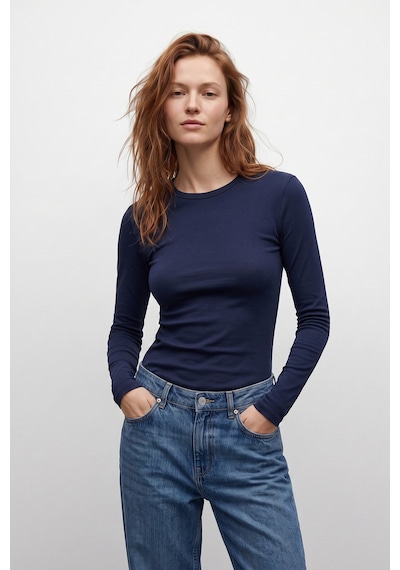 Elemge %95pamuk %5likra Vücuda Oturan Magic Fit Lacivert Kadın Stretch Uzun Kollu T-shirt Compact Penye Esnek Basic Tişört Elastan Bluz