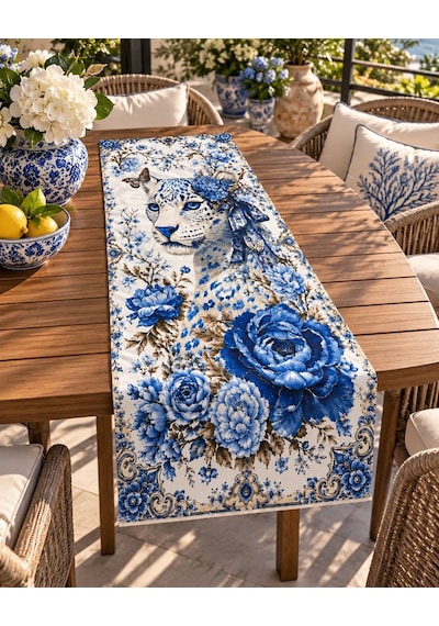 Mavi Leopar Desenli 45x140cm Masa Runnerı Çok Renkli