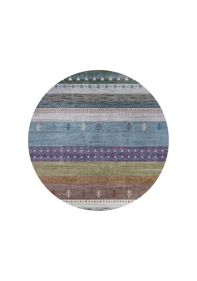 Etnik Kilim Desenli Pamuk Taban Yıkanabilir Baskılı Yuvarlak Halı Mavi
