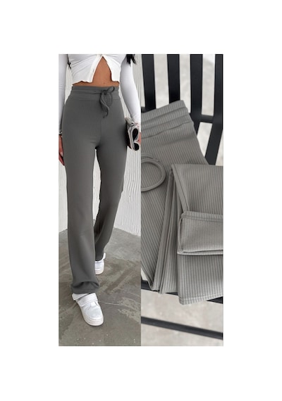 Gugus Kadın Bol Paça İçi Polarlı Fitilli Pantolon Içi Wide Leg Eşofman Altı Haki Yeşil