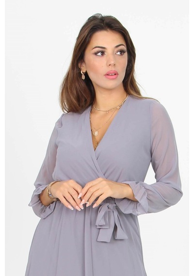 Neşeli Butik Kadın Kruvaze Yaka Bağlama Detaylı Yeni Sezon Uzun Şifon Elbise Kts003 Gri
