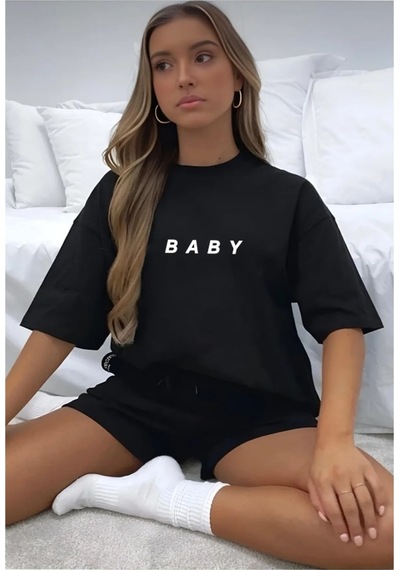 Medinenur Kadın Baby Baskılı Tshirt Şort Takım Siyah