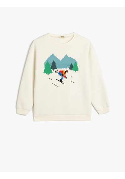 Koton Sweatshirt Kayak Baskılı Bisiklet Yaka Uzun Kollu Şardonlu Ekru 5wkb10565tk Ekru