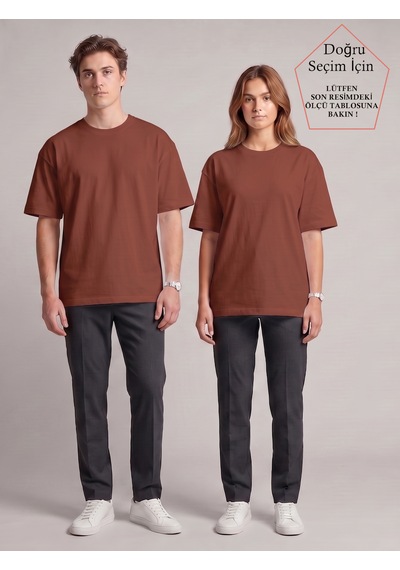 Smalltouch Unisex Oversize Yumuşak Dokulu Basic Bisiklet Yaka Tişört Kahverengi