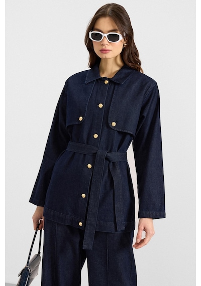 Olcay Pelerin Ve Metal Düğmeli Ceket Pantolon Denim İkili Takım Lacivert 9393-tk
