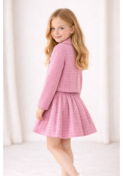 My Kids Wear Kız Çocuk Ekose Ceket Etek Takım Şık Kombin 12642 Pembe