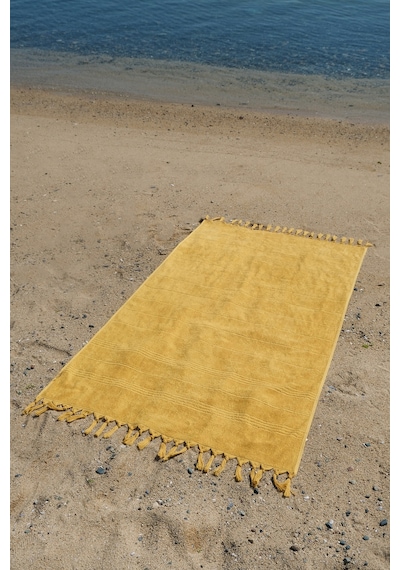 Coastline Hardal Çift Tarafı Bukle 100x180 Cm Boyasız %100 Organik Pamuk Saçaklı Plaj Havlusu Hardal